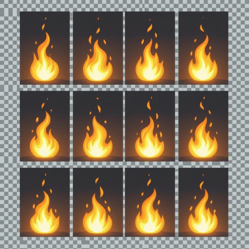 Realistic 2D torch flame animation sprite sheet in grid layout featuring smooth and detailed glowing flames. Flames have soft edges and a natural flicker with bright orange and yellow colors combined with subtle red hues. The background is transparent allowing for seamless loops of dynamic flame movement. High-resolution design for stylized yet realistic torch flame with light reflection and flicker effect suitable for 2D game animation and texture use.