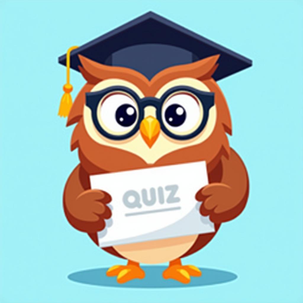 A cartoon owl is wearing a graduation cap and glasses. The owl is holding a quiz card. Background color is light blue. Design is minimalist and vibrant. The owl has a friendly expression and appears professional. The composition is centered.