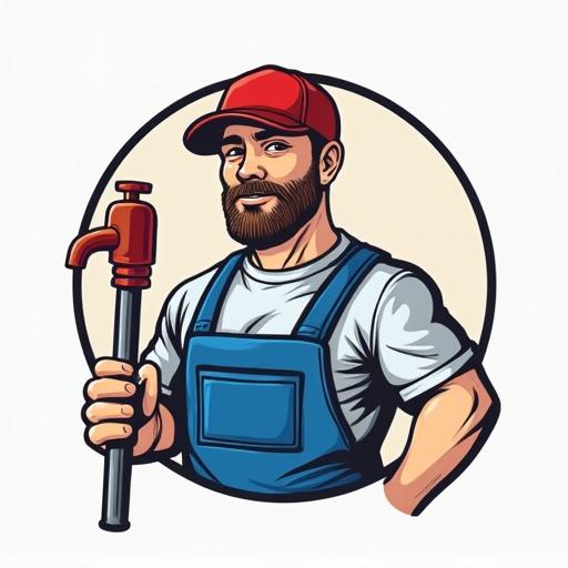 Logo design featuring a plumber holding a pipe wrench. Man with beard and red cap wears blue overalls. Circular design surrounding him.