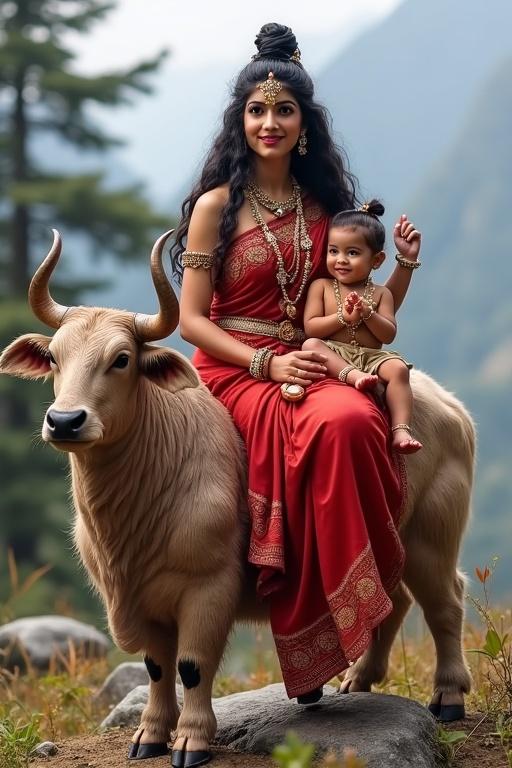 Mata Parvati depicted in a red sari with jewelry. Sitting on a Nandi bull. Lord Ganesha and Kartikeya as toddlers on her laps. Peaceful Himalayan backdrop and natural elements. Highlights divine nurturing nature.