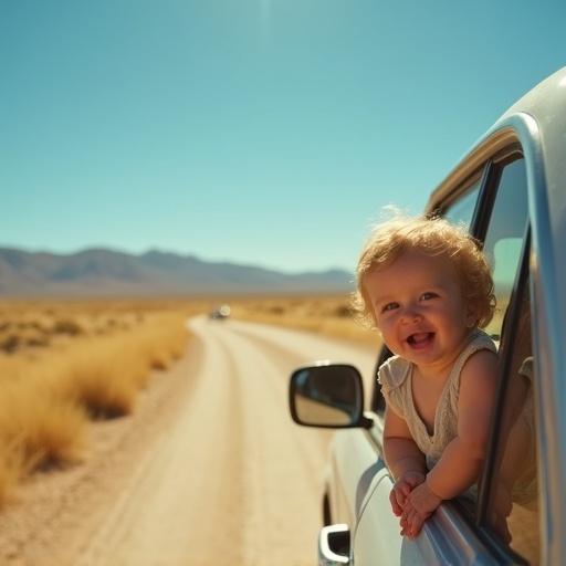 A playful scene of a baby hanging out of a car window on a dirt road in a vast landscape. The setting includes golden grasses and distant mountains under a bright blue sky. Sunlight enhances the vivid colors of the baby’s clothes and the car’s surface. The composition highlights the child framed by the window, conveying freedom and adventure.