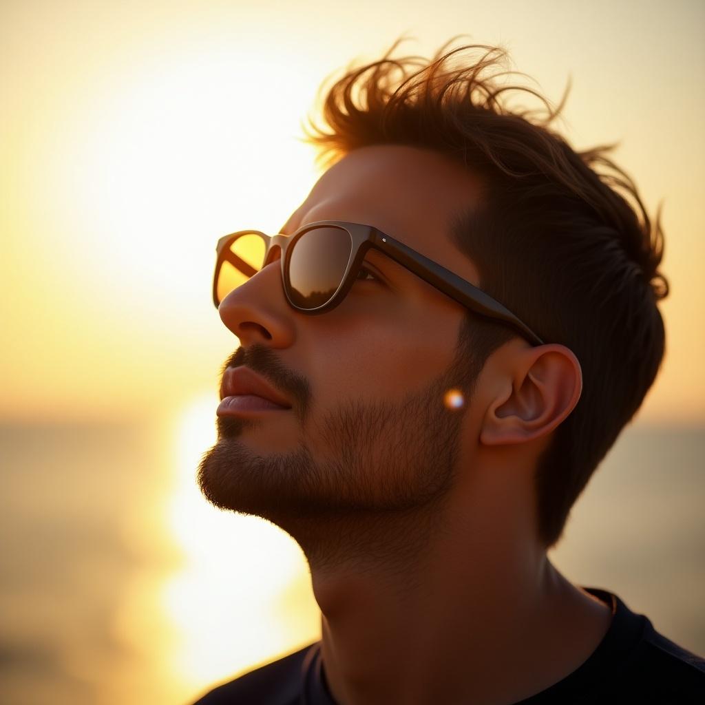 A cool man wearing sunglasses is seen in the side view. He gazes thoughtfully into the bright sunset, creating a serene and stylish silhouette. The background features soft golden and orange hues from the setting sun. The overall mood of the image is relaxed and confident. This scene captures a moment of contemplation and style.