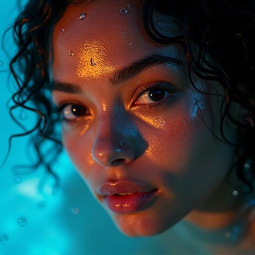 A hyper-realistic close-up portrait of a young caramel skin woman’s face with the left half visible and partially submerged in water. The scene is illuminated with soft ambient blue and yellow neon lighting casting reflections on her wet skin and damp curly hair. Water droplets and bubbles cling to her face enhancing the mood. Skin texture and intense eye focus are visible.
