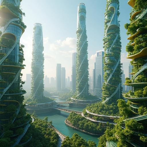 Futuristic skyline with twisting skyscrapers. Buildings covered in greenery and glass. Vibrant urban landscape during day. Hectares of terraces filled with rare plants and trading areas. Skybridges connecting towers, filled with walking paths and cafes. A spiral tower with sun mirrors providing energy. Unique needle-like towers for research and government.