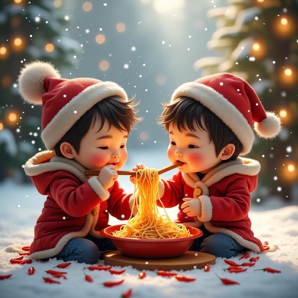 Small cute kids enjoy Samyang noodles featuring red chili. Background filled with snow and Christmas lights adding festive cheer.