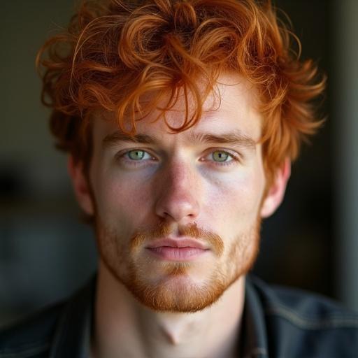 Close-up portrait of a young man with red-orange hair and green eyes. He has a tall nose and a strong jawline.