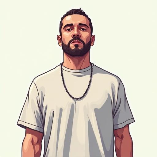 Digital illustration of a white male standing straight facing the camera. Solid color t-shirt worn with no accessories or background in a Grand Theft Auto style.
