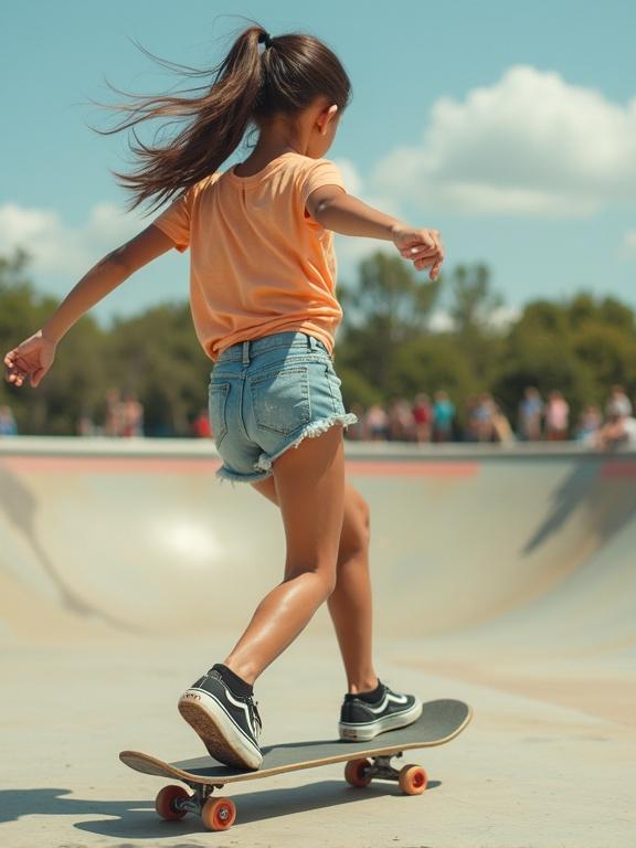 Girl skateboarding at a skate park wearing orange shirt and denim shorts. Long hair in pigtails. Performing trick while laughing. Background has other skaters and blue sky.