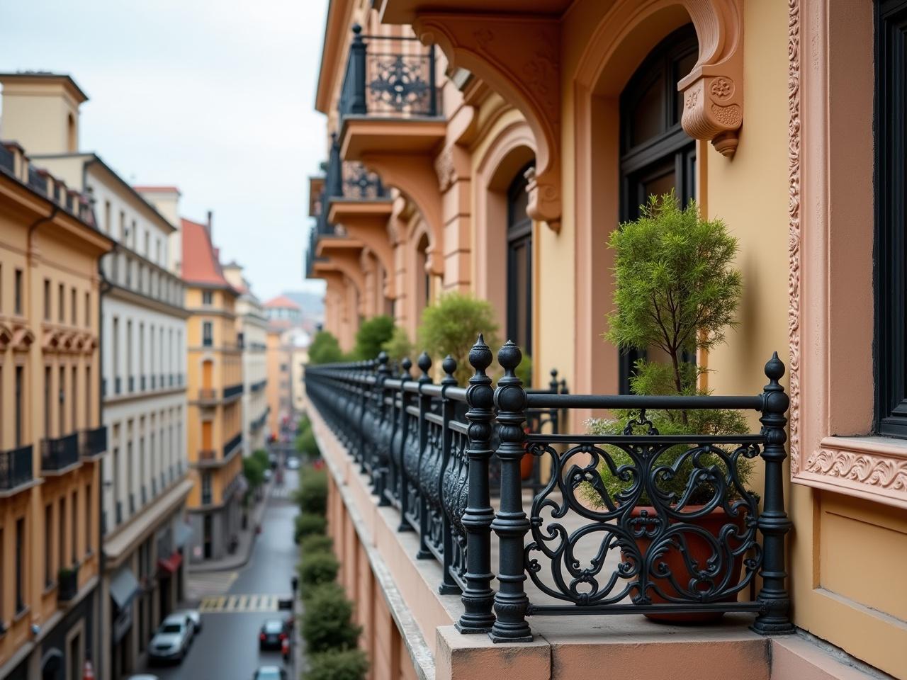 The image features a beautiful balcony with ornate metal railings. The architecture is elegant with detailed carvings and a warm color palette. In the background, we can see a city street, hinting at an urban setting. The focus is on the railing, which showcases intricate designs. The shot captures the essence of a sophisticated building, with a clear view of the structure from the front.