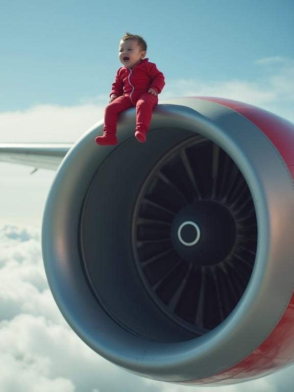 Close-up of a massive jet engine with a baby in a red onesie sitting on top. The child appears scared and is crying. Wind is blowing around him. The background shows a clear sky with clouds.