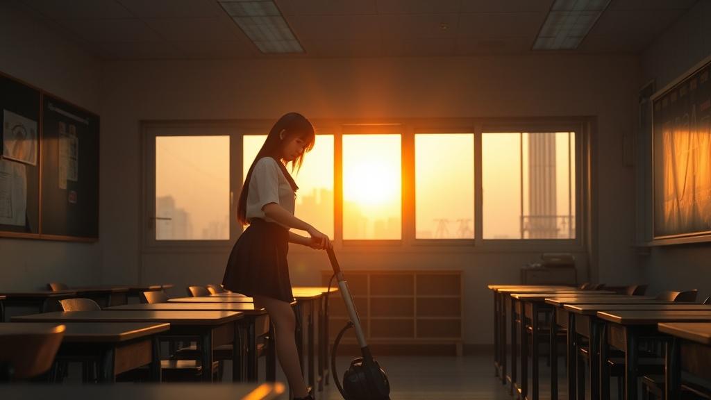 The image captures a serene classroom scene bathed in the soft, golden light of the setting sun. A young girl in a school uniform is seen vacuuming the classroom floor, surrounded by empty desks and chairs. The composition emphasizes quiet dedication and tranquility, evoking a sense of nostalgia and introspection.