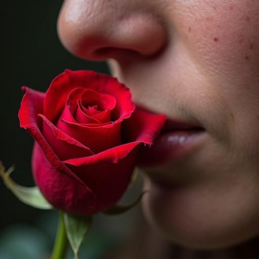 Close up of a human nose smelling a red rose. Focus on the softness of the rose petals and the person's expression. The backdrop is blurred to emphasize the rose and face.