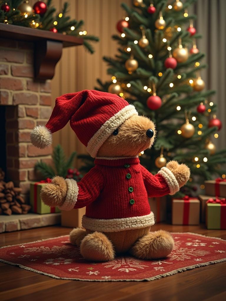 Plush teddy bear in red Christmas sweater and hat sits on a rug. Christmas tree with lights and ornaments in background. Presents are placed thoughtfully around the scene. Warm lighting emanates from tree decorations.