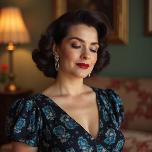 Charming housewife with long hair and floral dress. She has a gentle smile and is in a vintage living room. Close-up showing her side profile and hairstyle. The ambiance is warm and inviting. She embodies the style and elegance of the 1950s.