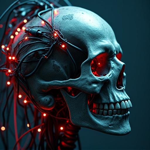 A scary cyber skull connected to many wires. The skull has wires wrapped around it. Red lights illuminate the skull. The expression is menacing with a grin. Background is dark and dramatic.