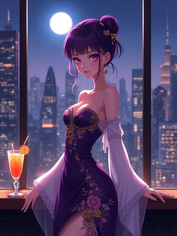 A stunning lady stands in front of a large window in an upscale lounge. She wears an elegant dark violet gown with floral embroidery. The gown has off-the-shoulder sleeves. Her hair is styled in a traditional Japanese updo. A cocktail sits on the bar counter. A nighttime city skyline is visible behind her. The image features soft lighting and a detailed anime aesthetic.