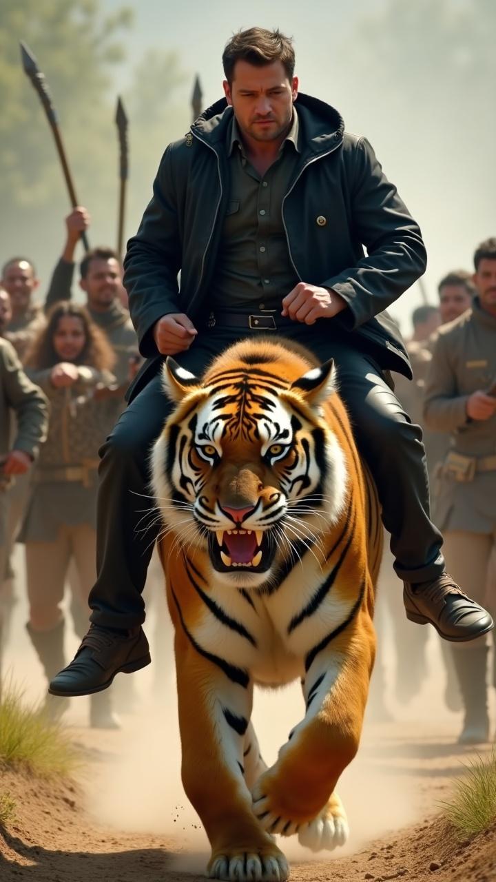 In this striking digital art piece, a man wearing a dark coat confidently rides a fierce, roaring tiger through a dusty path. Behind them, a group of people holding spears follows, adding an element of adventure and intrigue to the scene. The contrast between the man's calm demeanor and the tiger's powerful, primal energy creates a captivating image.