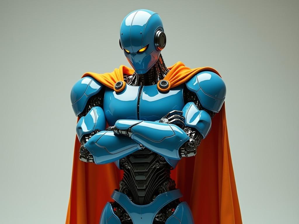 A robot stands confidently with its arms folded. It features a shiny blue exterior with intricate details showing mechanical components. A flowing orange cape drapes elegantly from its shoulders, adding a dramatic flair. The robot has a strong stance, gazing forward, suggesting readiness and strength. The background is a smooth gradient, enhancing the focus on the robot's striking appearance.