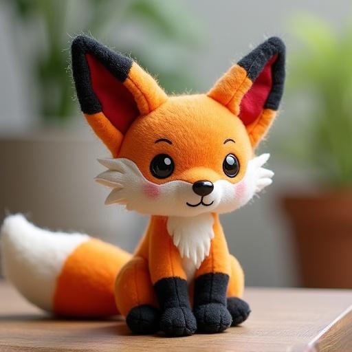 A living plushie flying fox toy made with plushie features and stitches. Designed in a Pokemon art style. It has orange fur, black ears, and a cute face.
