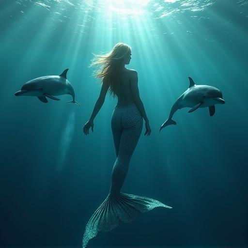 Wide body mermaid swimming in the sea with dolphins. Realistic scene with cinematic lighting. Front view perspective of the underwater environment.