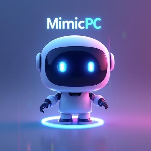 Floating AI mascot logo represents MimicPC. Features smooth rounded shape. Displays a camera-lens eye and glowing aura. Showcases soft color gradient of cyan and violet. Word MimicPC visible like a hologram. Created as futuristic digital vector art with clean background.