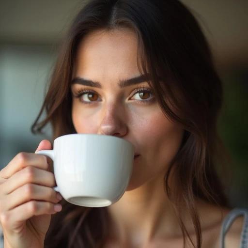 Attractive brunette woman drinks from a white ceramic mug with right hand. Warm soft lighting creates a cozy environment. Eye-level angle emphasizes the mug and relaxed pose.