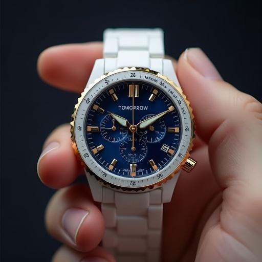 Close-up view of a hand holding an electronic watch. The watch features a dark blue face with white and gold accents. The background is subtly blurred to emphasize the watch.