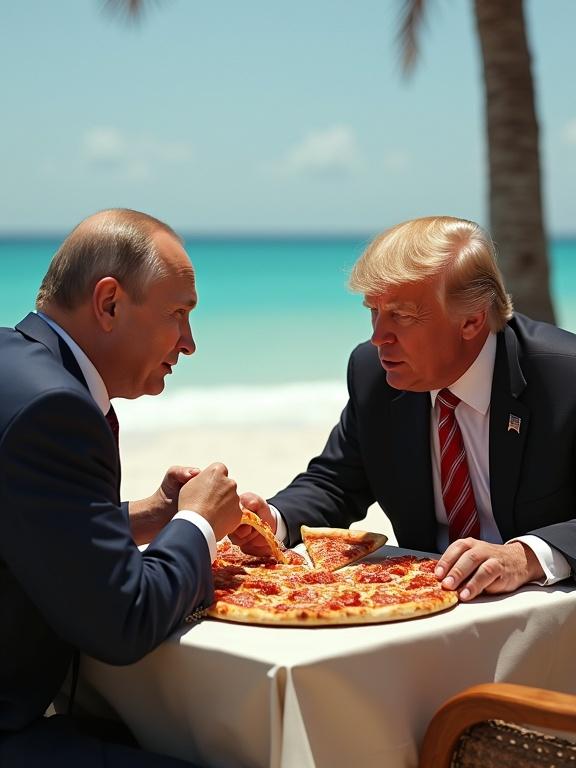 The image depicts a beach setting featuring two notable political figures sharing pizza. They sit at a table discussing animatedly. The ocean backdrop and palm trees enhance the summer vibe.