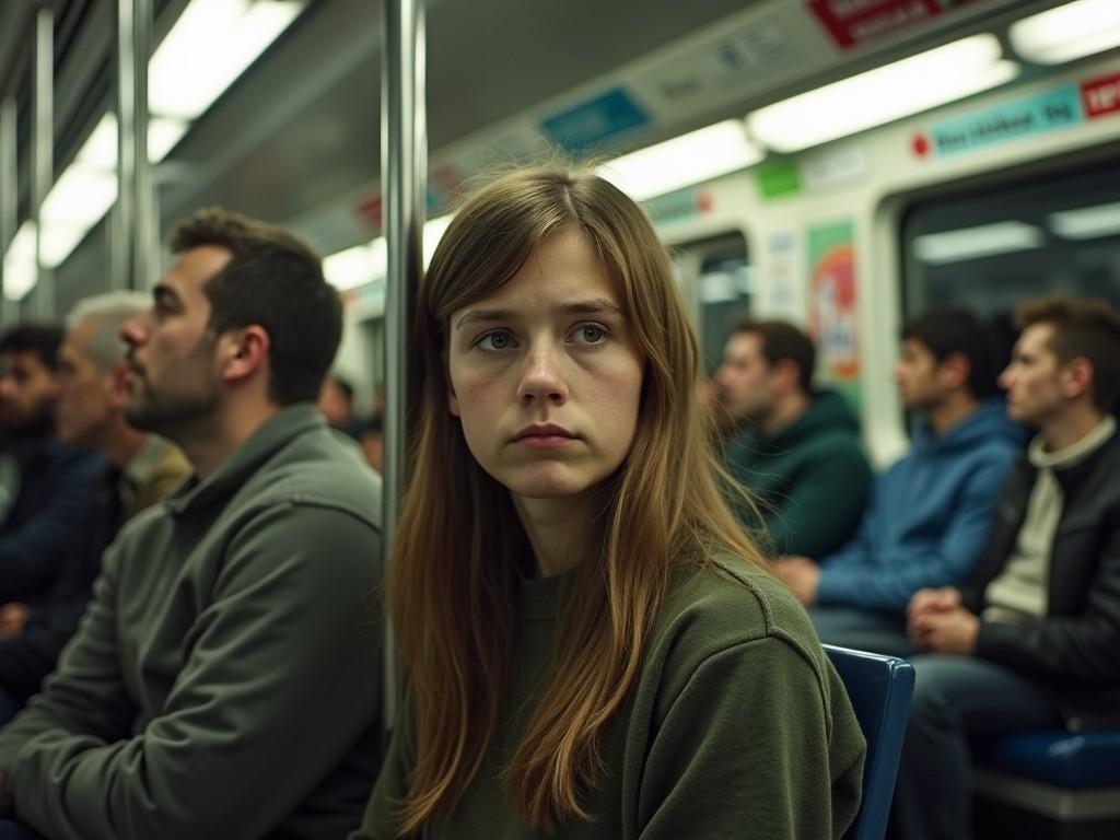 a young woman with long hair sitting in a subway train, surrounded by other passengers. She looks thoughtful or contemplative, and the setting is a typical train interior with metal poles and advertisements.