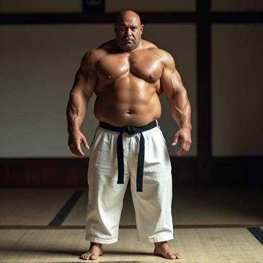A muscular bodybuilder with an oni head is standing in a dojo. He is barechested wearing white judo pants and a black belt. The bodybuilder has thick pecs and visible abs. Large thick muscles are seen on his feet and ankles. The scene has cinematic lighting and is of high quality.