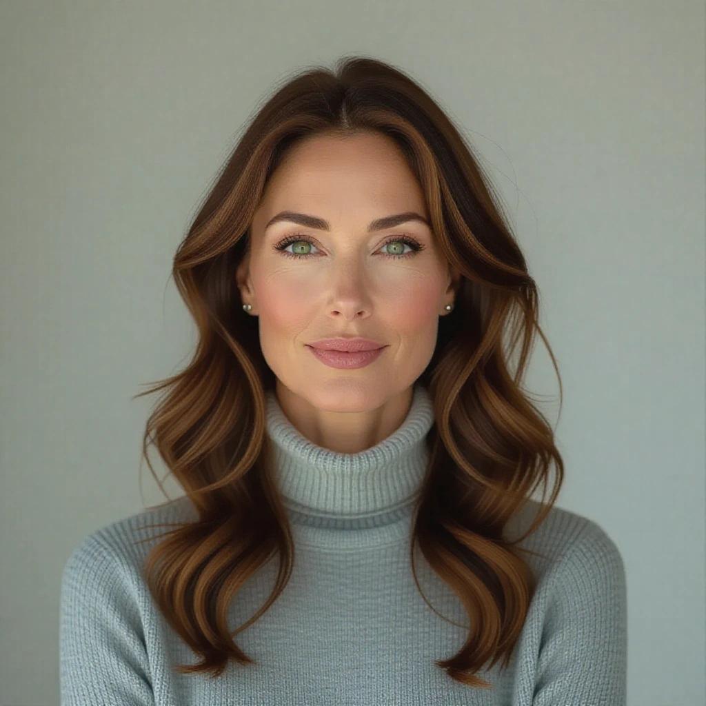 Middle aged woman with green eyes and chestnut hair. Serene expression and natural makeup. Dressed in light gray turtleneck. Simple background. Soft and even lighting adds elegance.