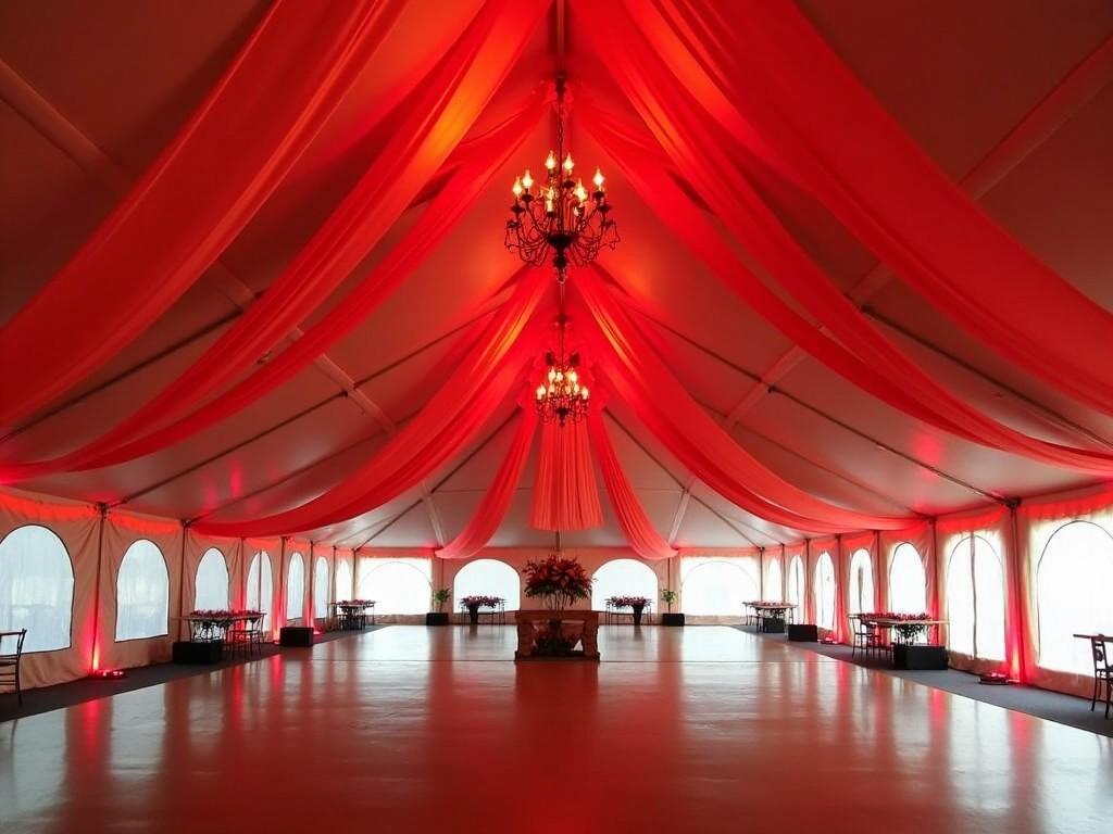 This image depicts a spacious 36x50 event tent with a 16-foot ceiling. The ceiling is elegantly draped in red fabric, creating a warm and inviting atmosphere. Soft lighting enhances the overall ambiance, highlighting the beautiful chandelier that hangs down from the center. The tent features large windows that allow natural light to filter through, contributing to the festive mood. Tables and decorative elements are subtly visible in the background, suggesting a setup for a special event. This setting is ideal for weddings, parties, or corporate gatherings.