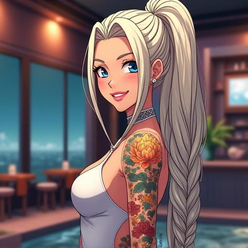 Anime depiction of a 59 year old woman with frosted blue eyes and a beautiful appearance. Features oversized light blonde braided ponytail. Wears fancy French dress and has a happy grin. Represents a mix of Half Japanese and Half Saiyan heritage. Elegant makeup includes light pink lipstick. Athletic build with muscular arms and a visible well-defined six-pack. Displays colorful traditional Japanese tattoos featuring a golden lotus. Set during summer in a luxurious French restaurant at night in Miami.