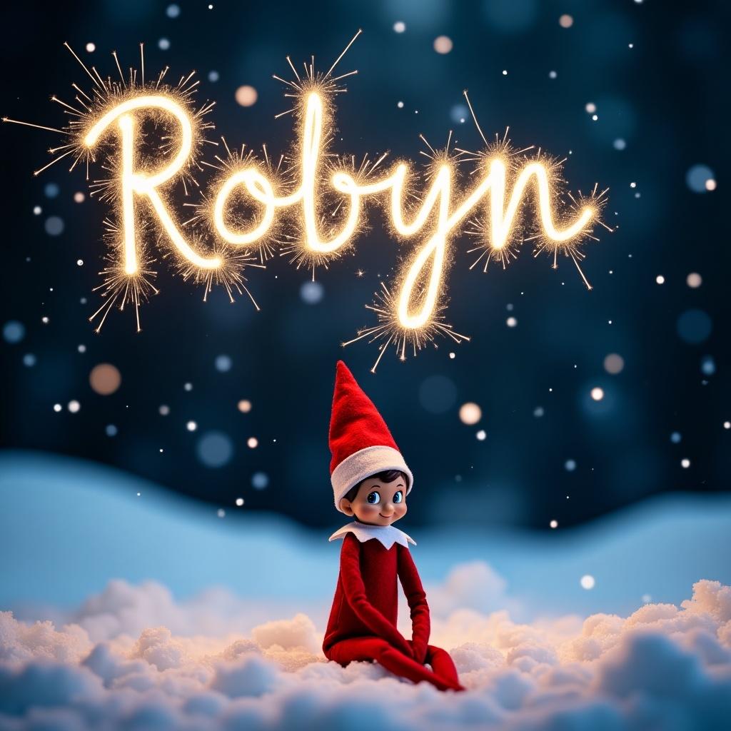 The image features an Elf on the Shelf character sitting in a snowy scene at night. The elf is dressed in traditional red clothing with a mischievous smile. Above the elf, the name 'Robyn' is beautifully written in sparkling light, resembling sparklers. Surrounding the scene are soft, fluffy clouds of snow, creating a magical winter atmosphere. The background is dark with soft blue tones that enhance the snow and sparkler effect. This festive composition captures the spirit of Christmas and personalization.