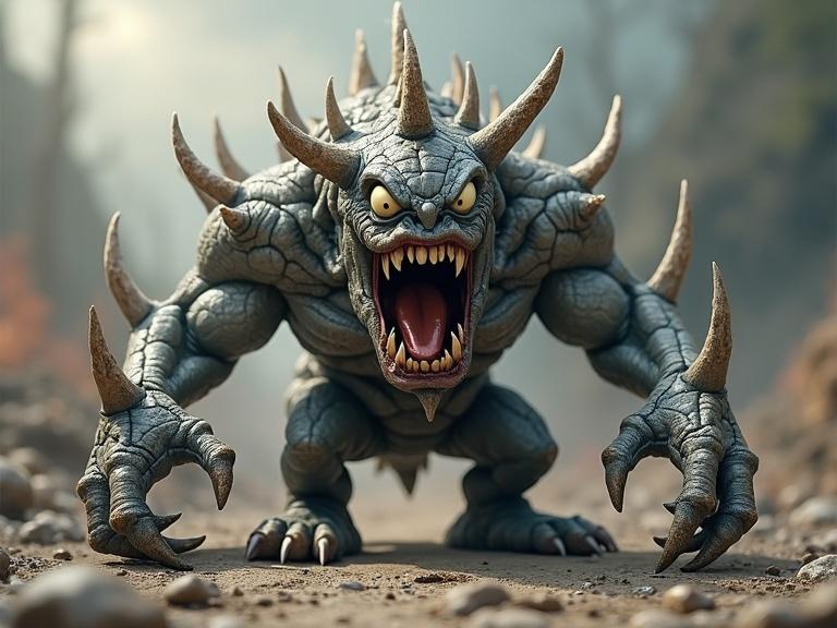 A 3D cartoon monster with grey rough skin and bone spikes. The monster is styled as Doomsday and is roaring. Surrounding ground is cracked. The setting is a comic villain theme.
