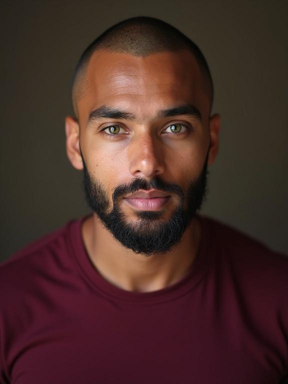 Studio portrait photograph featuring a young man with bright green eyes. The man has a shaved beard and closely cropped hair. He wears a deep burgundy t-shirt that complements his complexion.