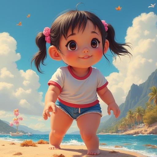 A cute girl with rainbow hair and big blue eyes rides a skateboard at a skateboarding competition. She glides on a rail and jumps into the air with a grind maneuver. Captured in a fisheye lens style showing high-quality movement. Skating video in stunning clarity.