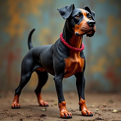 Colorful alebrije-style dog with a black boxer appearance. Rich details in the fur, vibrant colors, whimsical design. Unique artistic representation.