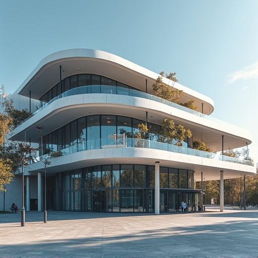 Modern architectural building with three curved floors. Clear glass railing complements the design. Surrounded by greenery and clear blue skies. Inviting structure with open space.