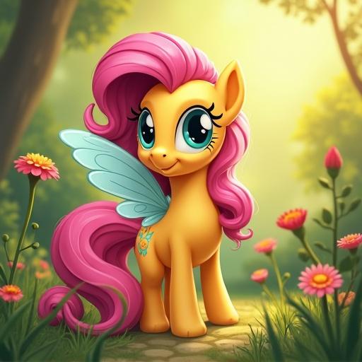Image of a cute pony in a vibrant garden. The pony has yellow fur and pink mane, with wings. Surrounded by flowers and trees. Bright, cheerful atmosphere.