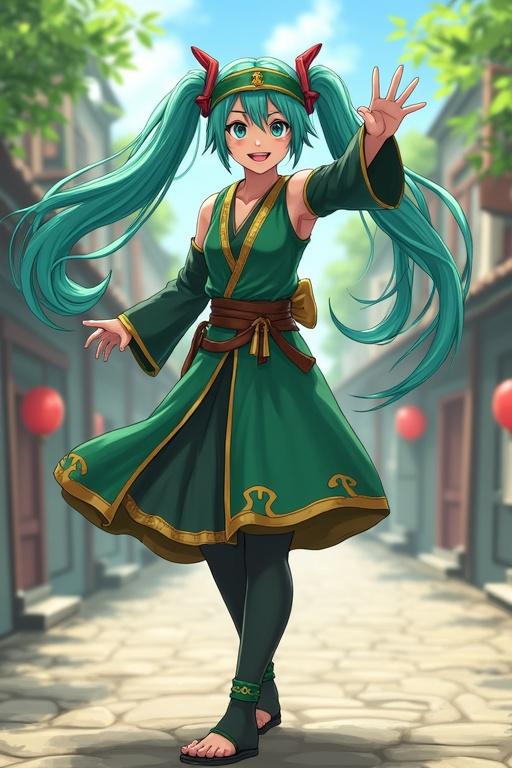Hatsune Miku dressed as a ninja in Hidden Leaf Village. She wears a green uniform and headband. She dances with a cheerful expression on a village street surrounded by buildings. Red lanterns decorate the surroundings.