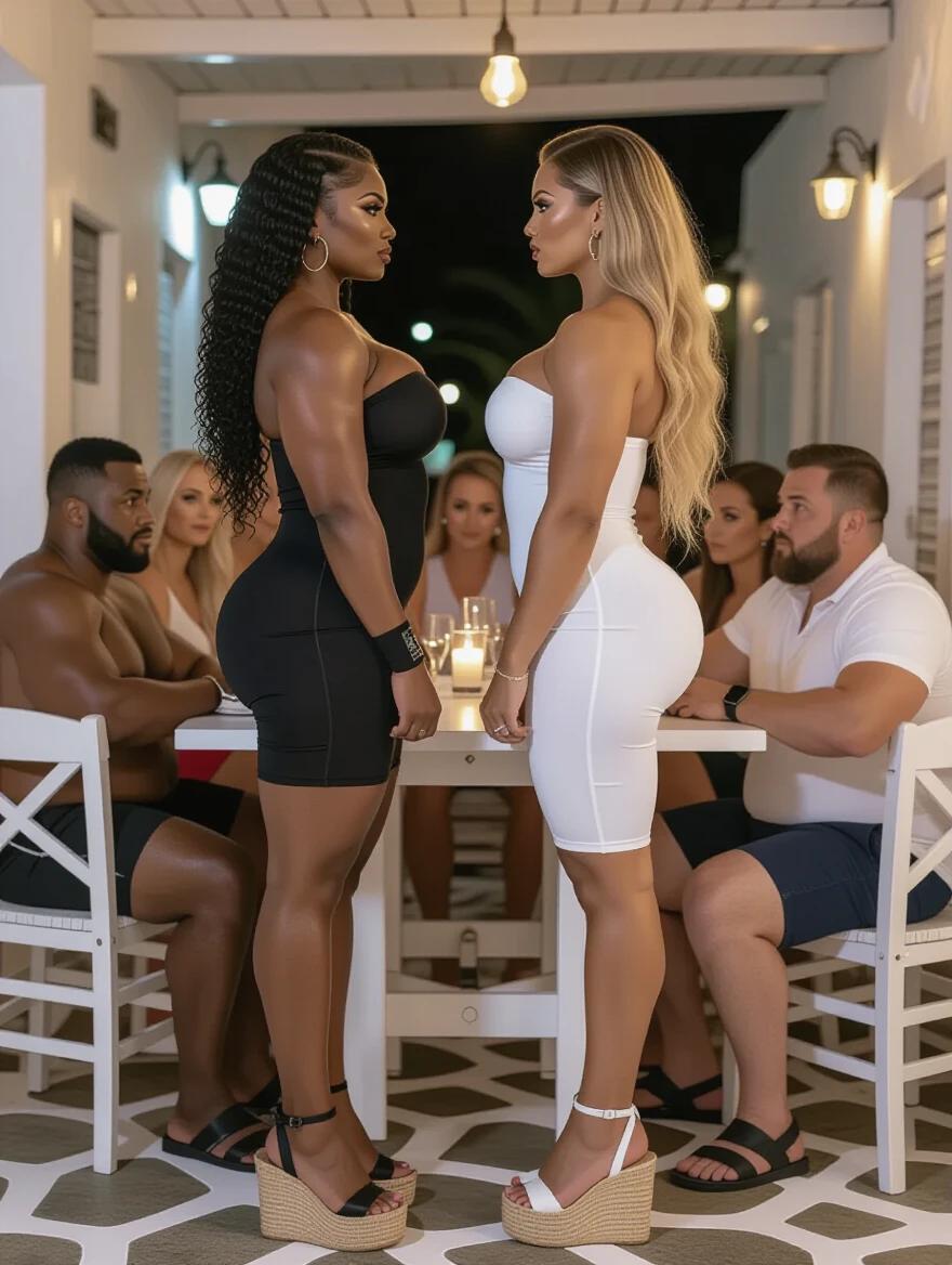 Two tall bodybuilder women stand closely facing each other. One is black with long curly hair in a black dress. The other is white with long wavy hair in a white dress. They have muscular builds. The setting is a Mykonos tavern with a colorful atmosphere. Guests at the table beside are watching them with expressions of fear.