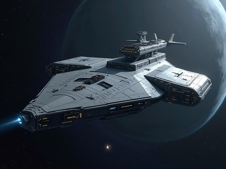 A large grey sci-fi space station with a smooth and sleek texture. The design features deep grooves and is shaped like a diamond. Blue LED lines run along its hull. The station floats in space against a planet's atmosphere, surrounded by stars. There are detailed textures and realistic shadows with soft reflections.