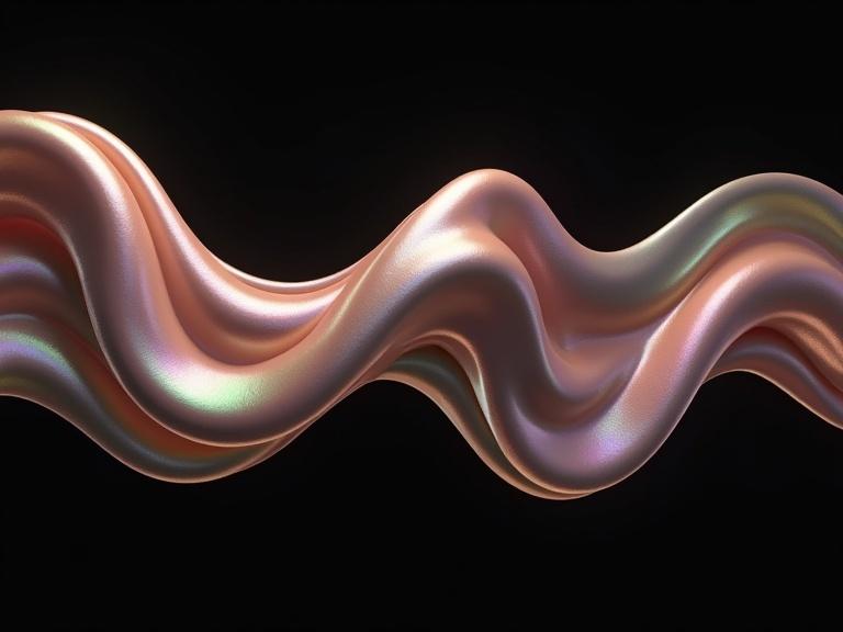Digital fractal artwork with smooth flowing organic abstract forms. Shapes intricately intertwined with a pearlescent quality. Color palette blends warm and cool hues. Soft diffused lighting creates highlights and shadows. Curves are organic, fluid without sharp edges. Movements across frame in dynamic wave pattern. Overall texture is smooth and glossy against black background.