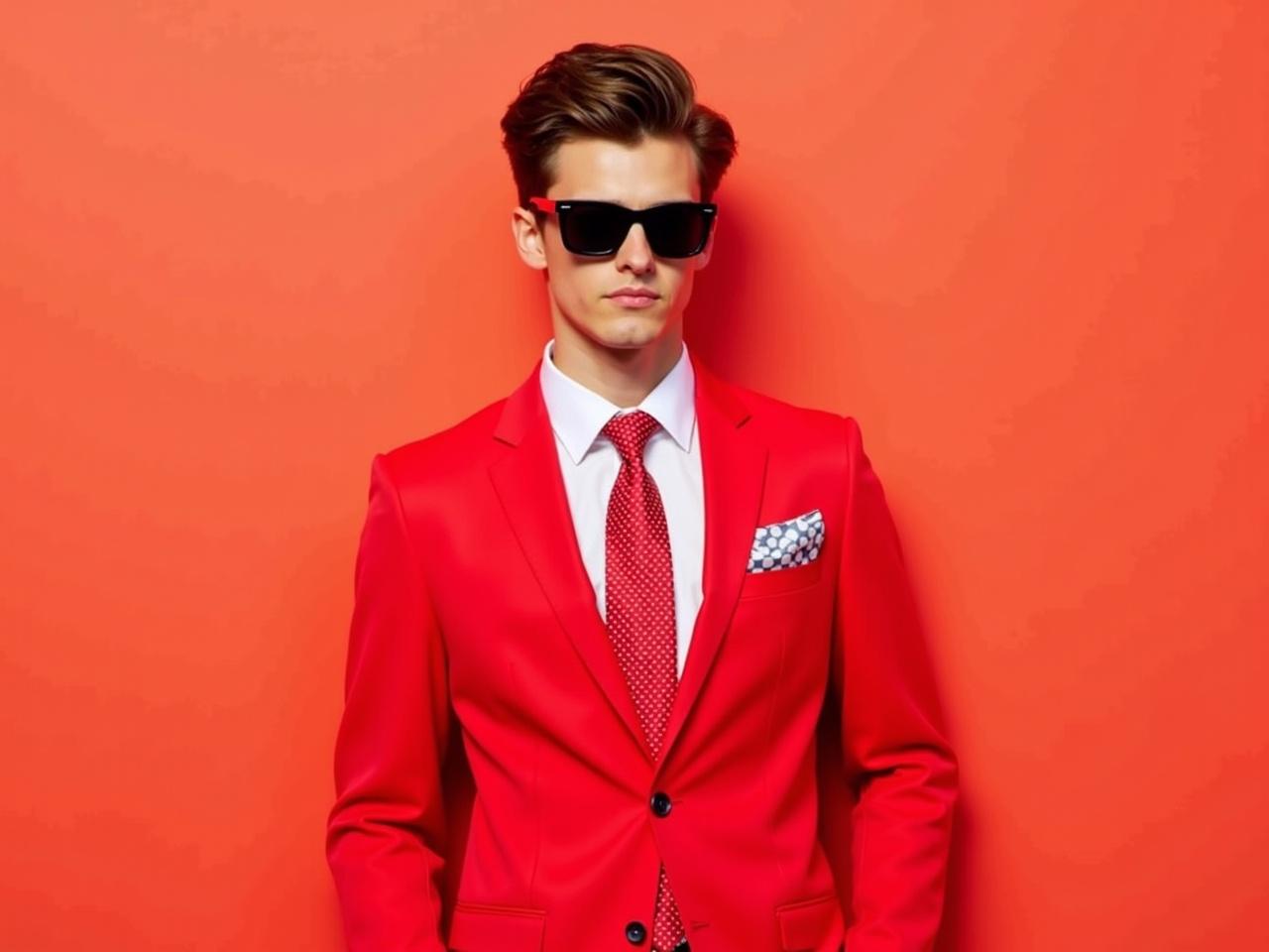 The image shows a young man wearing a bright red suit with a white shirt and a red polka dot tie. He has a stylishly folded pocket square in the breast pocket of his suit. The man is also wearing dark sunglasses, giving him a cool and confident appearance. The background of the image is a solid coral color, which contrasts nicely with his outfit. The overall vibe of the image is fashionable and modern, suggesting a formal or semi-formal occasion.