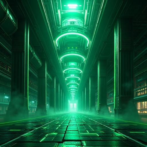 Anime scene set in a futuristic robotics factory. Illuminated corridor with emerald green and black design. Features oversized columns and a high-tech aesthetic. Represents a modern society in Shanghai.