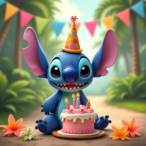 Stitch character celebrates a birthday with a cake in a joyful scene. Tropical park background features colorful flags and flowers.