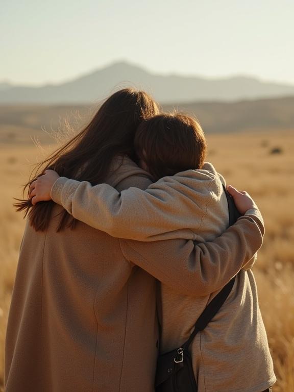 Parents embracing their returning children from a trip in a natural setting