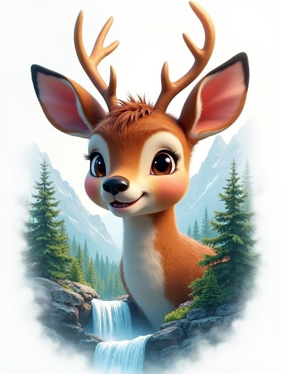 Cute Pixar-style deer head with a gentle smile. Background features a magical waterfall, thick green forest, and snowy mountains. Soft lighting creates a royal atmosphere. Artistic stamp of 'Ayala' in handwriting at the bottom. Portrait format.
