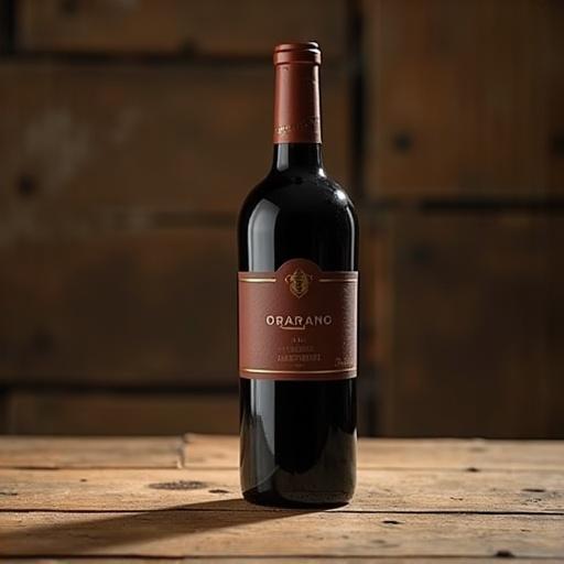 Show a hyper-realistic image of a wine bottle on a rustic wooden table. The table should have visible imperfections and an aged appearance. The bottle should lack labels, designed with a minimalist and matte finish to highlight the deep color of the wine. Use warm sunset-like natural lighting to create soft shadows. Ensure a focused depth of field on the bottle while keeping the rustic table in a blurred background. Emphasize the textures of the wood and the smooth contours of the bottle, capturing the elegance and craftsmanship of the wine.